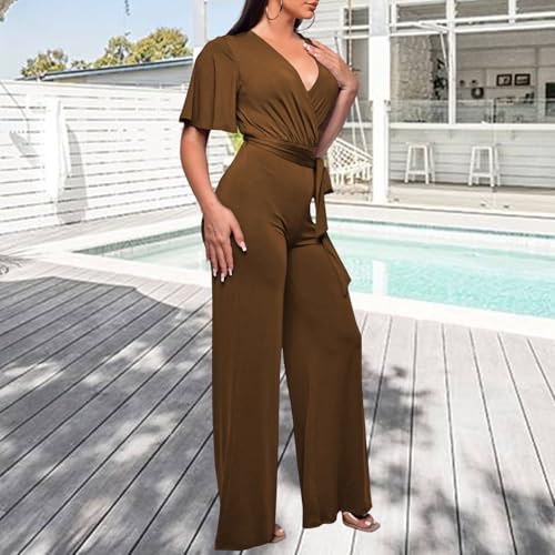 Image of PaladMom Womens Elegant Plus Size Jumpsuits Sexy Back zipper Short Sleeve Mid Waist Wide Leg Straight Rompers