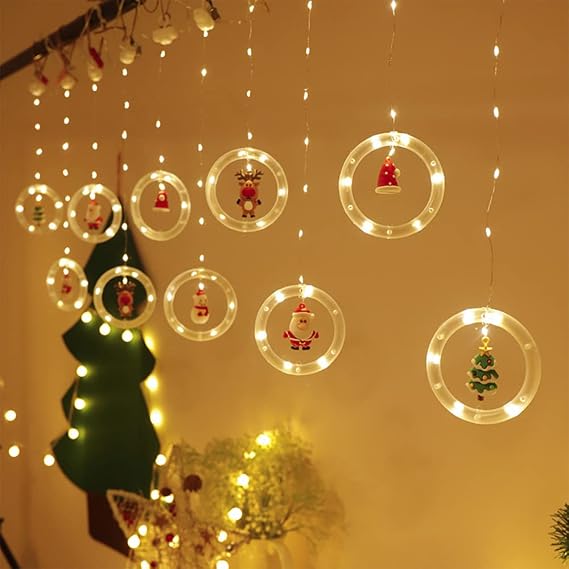 Oneshlee USB Christmas Window Lights Indoor 3M, 8 Modes Xmas Light Up Window Decorations with Timer, Christmas Curtain Fairy Led Warm Multicoloured Lights with Tree Reindeer Santa Home Bedroom (Warm)