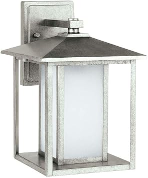 Generation Lighting 89031-57 Hunnington Outdoor Wall Sconce, 1-Light 100 Watts, Weathered Pewter, 14 Inch Height, Etched Seeded Glass Panels, Wet Rated, Contemporary Style