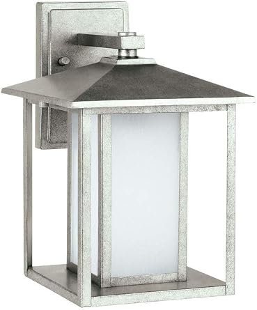 Generation Lighting 89031-57 Hunnington Outdoor Wall Sconce, 1-Light 100 Watts, Weathered Pewter, 14 Inch Height, Etched Seeded Glass Panels, Wet Rated, Contemporary Style