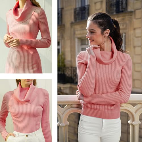 Image of v28 Women's Stretchable Cowl Neck Knit Long Sleeve Slim Fit Bodycon Sexy Sweater