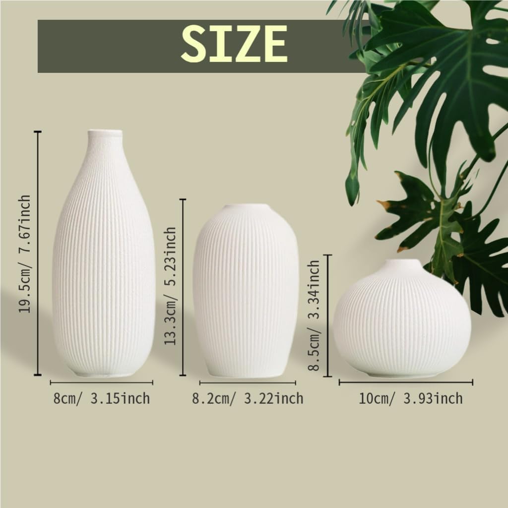 White Ceramic Vase Set of 3 - Small Modern Minimalist Ceramic Bud Vases for Home Decor - Boho Aesthetic Flower Vases for Desk, Shelf & Table, Mantle, Bookshelf (Cute & Versatile) (White) - Image 2