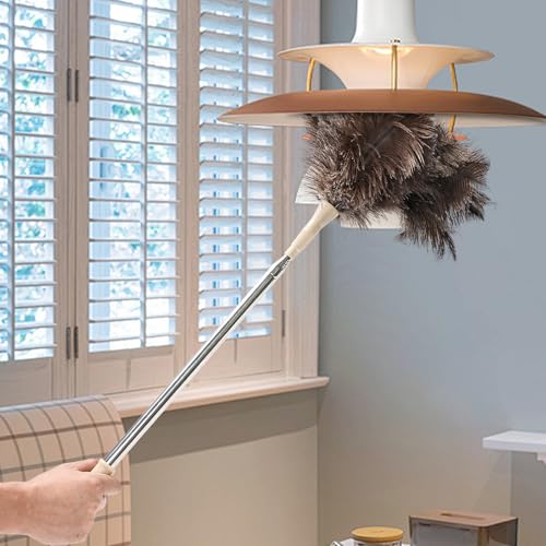 Image of Ostrich Feather Duster 27-94Inch Retractable Fluffy Natural Detachable Ostrich Feather Duster Used for Household Cleaning and High-Altitude Cleaning (2PCS)