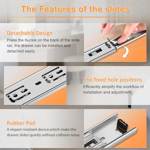 YENUO 1 Pair Full Extension Drawer Slides Side Mount 10 12 14 16 18 20 22 24 Inch Ball Bearing Metal Rails Track Guide Glides Runners Heavy Duty 100 Pound Load (Rolled Steel -1 Pair, 10 Inch) - Thumbnail 4