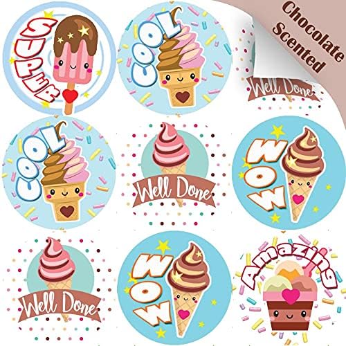 120 Ice Cream Praise Words 30mm Chocolate Scented Reward Stickers for Teachers, Parents and Party Bags