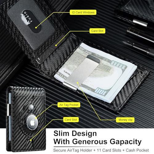 furid Airtag Wallet Men Slim: RFID Card Wallet with Airtag Holder - Apple Air Tag Wallet for Men - Minimalist Front Pocket Bifold Leather Wallet with Money Clip (Carbon Fiber)3