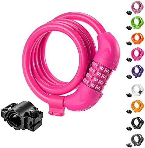 Titanker Bike Lock, 4 Feet Security Resettable Combination Coiling Bike Cable Locks with Mounting Bracket, 1/2 Inch Diameter (Pink)