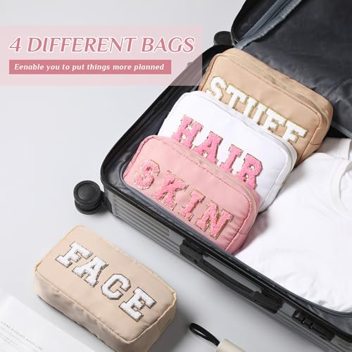 Remerry 4 PCS Nylon Cosmetic Bags Waterproof Spacious Travel Makeup Organizer for Women Chenille Letter Preppy Zipper Pouch Face Stuff Skin Hair Organizer Gift(Light Brown, Beige, Light Pink, White)4