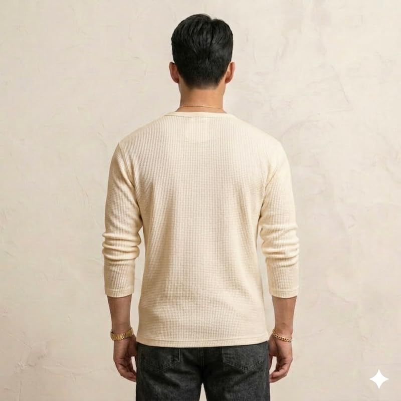 Image of Imsa Moda Men's Textured Fabric Solid Half-Open Collar T-Shirt | Full Sleeve Casual Shirt for Men | Comfortable Fall Wear