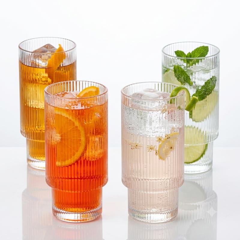 Image of criterion Ribbed Glass 300ml Rigid Drinking Glasses for Cocktail, Whiskey, Water, Juice, Iced Coffee Bar Accessories,Smoothies, Vintage Glassware (4)