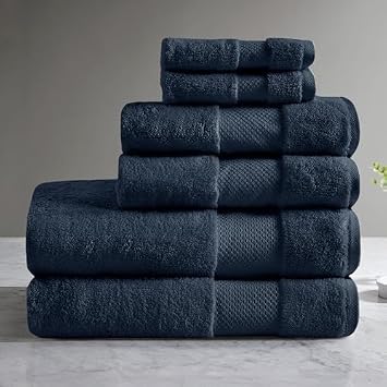 Madison Park Turkish 100% Cotton Towel Set, 600Gsm Luxury Premium Weight, Soft Absorbent Hotel Bathroom Shower Hand Face Washcloths, Assorted Sizes Navy 6 Piece