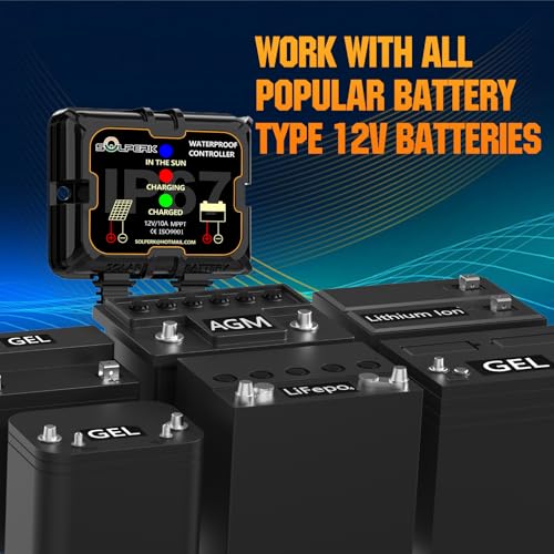 SOLPERK 10A 12V MPPT Solar Charge Controller, Waterproof Intelligent Portable IP67 Solar Panel Controller for AGM, Gel, Flooded and Lithium Battery