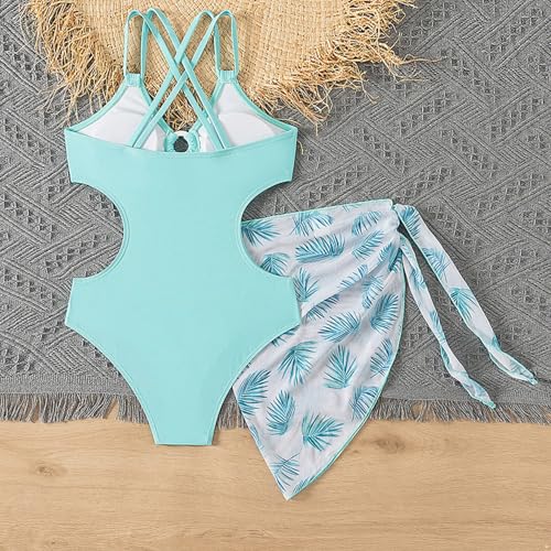 Kids Girls 2-Piece Summer Beachwear Hawaiian Strappy Padded Short Swimwear with Tulle Cover Up Skirt4