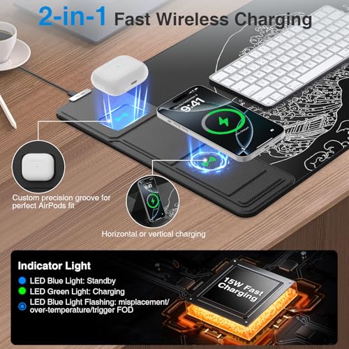 Image of Wireless Charging Mouse Pad with Foldable Phone Holder, 31.5 inchx15.8 inch Large Desk Mat for Laptop /Keyboard, Waterproof Ultra-Smooth Surface, Non-Slip Base, Black Wave