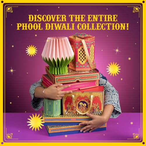 Image of Phool 15 Item Kalamkari Diwali Utsav Gift Box Ladoo, Chikky, Laxmi Charan, Incense, Havan Cup, Candles, Diya and Decor, Premium Diwali Gift Hamper for Family, Friends & Corporate Gifting