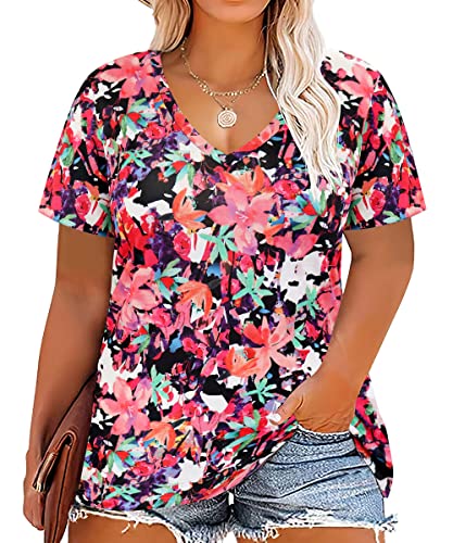 Image of RITERA Women Plus Size Tops Tie Dye V Neck Shirt Floral Camo Summer Short Sleeve Tunic Oversized Ladies Blouse XL-5XL