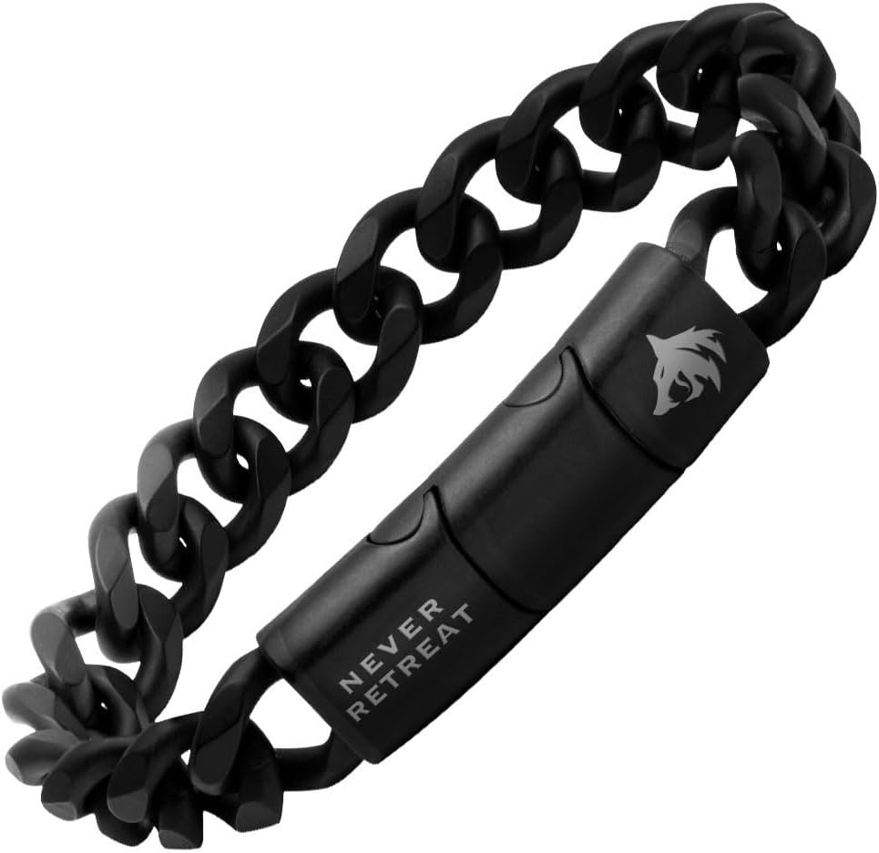 Hero Company Black Cuban Link Bracelet for Men ‘Never Retreat Alpha Wolf’ - Helps Pair Veterans with a Service Dog or Shelter Dog