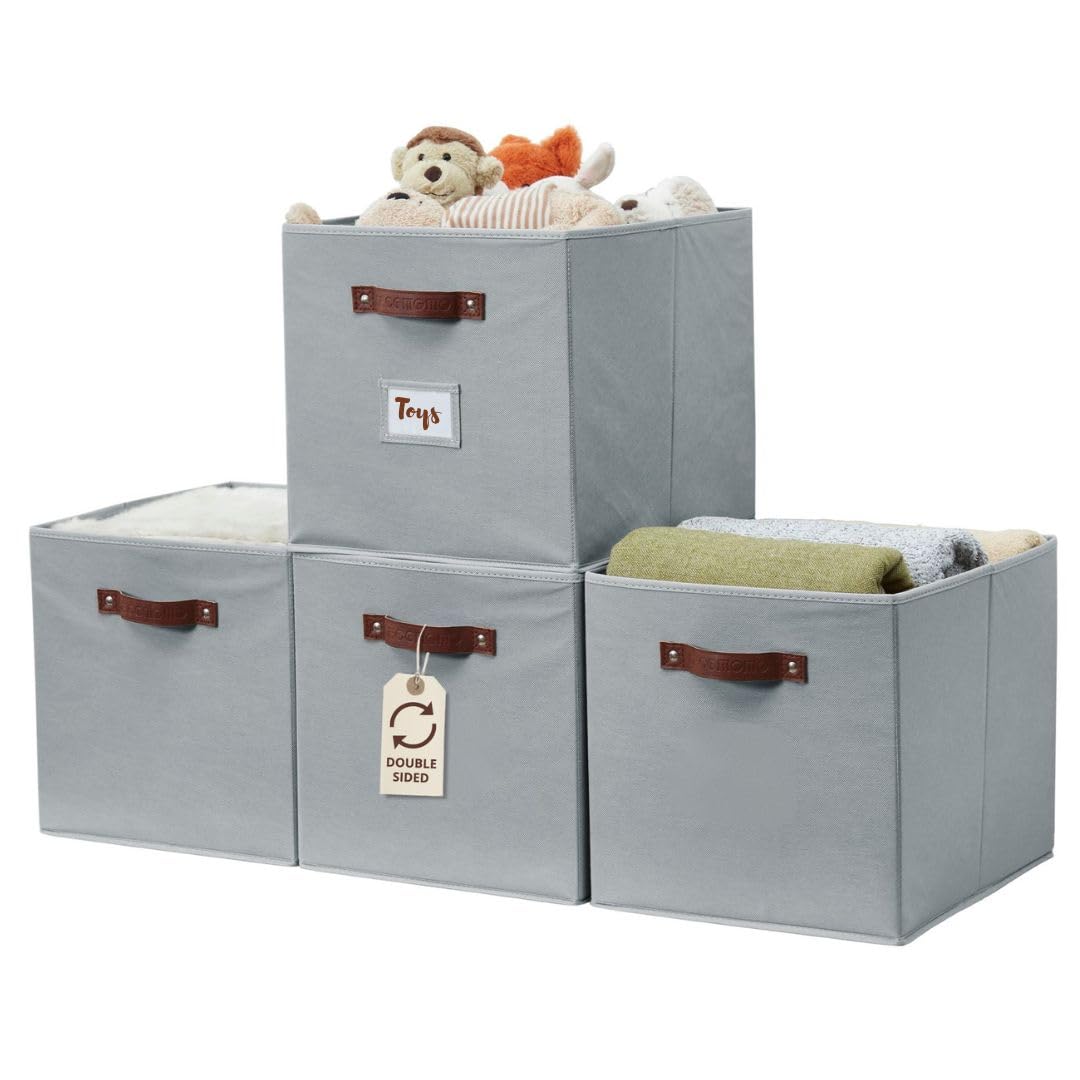DECOMOMO Storage Baskets, 13x15x13 Storage Cube Bins with Labels for Organizing Shelves Kallax (Kallax / 4pcs, Grey)