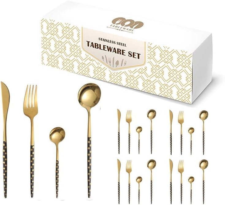 Silverware Flatware Set, 16-Piece Stainless Steel Silverware Set for 4, Portuguese Polka Dot Handle Knife, Fork and Spoon with Christmas Gift Box(Black)