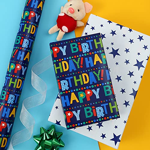 Auclay Reversible Birthday Wrapping Paper For Boys Girls Kids Adults Baby Shower Holiday - Colorful Happy Birthday Lettering And Stars Design - Gift Wrapping Paper Roll, 17.7 Inch X 33 Feet #TOP5