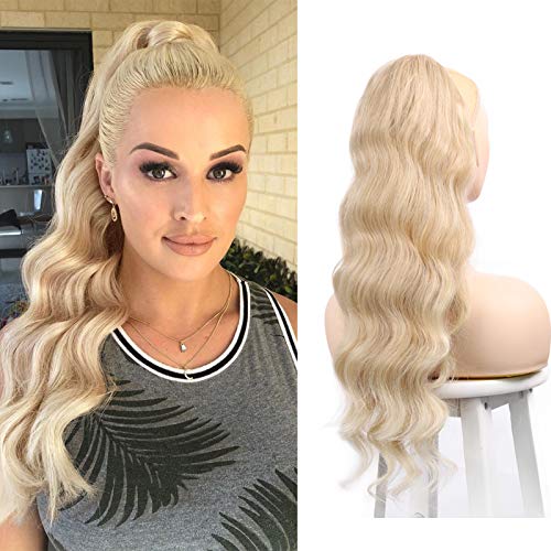 Earfodo 24'' Wavy Drawstring Ponytail Extension for Women Blonde Synthetic Clip in Ponytail Long Curly Wavy Ponytail Extensions