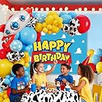 Cowboy and Space Birthday Decorations for Boys, Cartoon Theme Party Supplies with Cloud Backdrop, Cow Print Tablecloth, Rocket Foil Balloon, Cake Toppers, Red Yellow Blue Balloon Arch Kit - Image 5