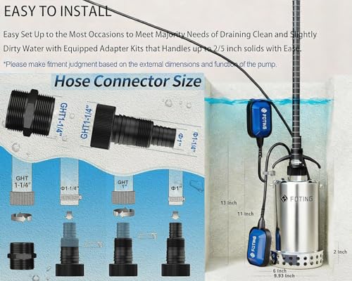 Image of FOTING Full 304 Stainless Steel Sump Pump with Float Switch - 1HP 4600GPH Automatic Submersible Water Pump Fast Water Removal in Pools, Basements, Sewage, Hot Tubs Heater Flush Pit, ponds w / 10FT Cord
