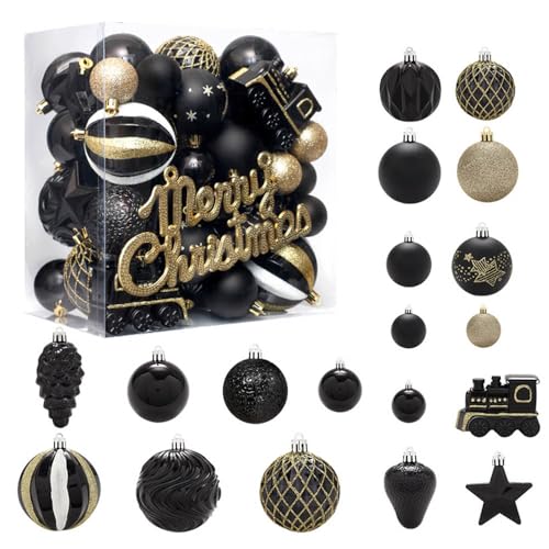 65ct Christmas Balls Ornaments, Shatterproof Plastic Decorative Baubles for Xmas Tree Decor, Multi-Size Christmas Ornaments Set for Tree, Home Indoor Party Decor, Black Gold