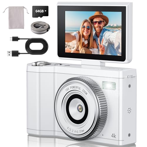 Image of 4K Digital Camera for Photography,64MP Vlogging Camera for YouTube with 3 inch 180 Flip Screen,18X Digital Zoom Point and Shoot Camara with 64GB Micro SD Card (White)