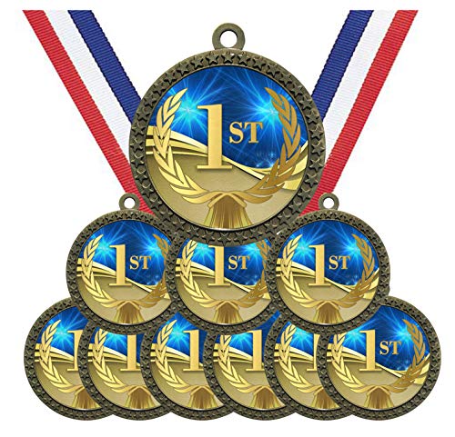 Large 2-1/2 inch Diameter Metal Antique Gold 1st Place Star Award Trophy Champion Winner Medals with Red White and Blue Neck Ribbons (Pack of 10)