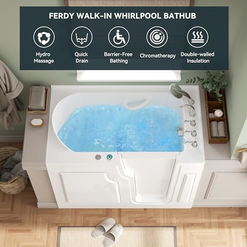 FerdY Floridian 55"x33" Walk-in Whirlpool Bathtub with 16 Water SPA Jets and Right-Side Door Opening and Quick Fill and Drain System, Rectangular Soaking Jetted Bath Tub in White with LED Lights - Image 4