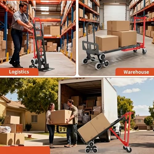 Image of Heavy Duty Stair Climbing Hand Truck - 1000 LBS Capacity 4-in-1 Convertible Dolly Cart, Foldable Platform Utility Cart for Moving Boxes, Industrial Grade Steel Construction(red)