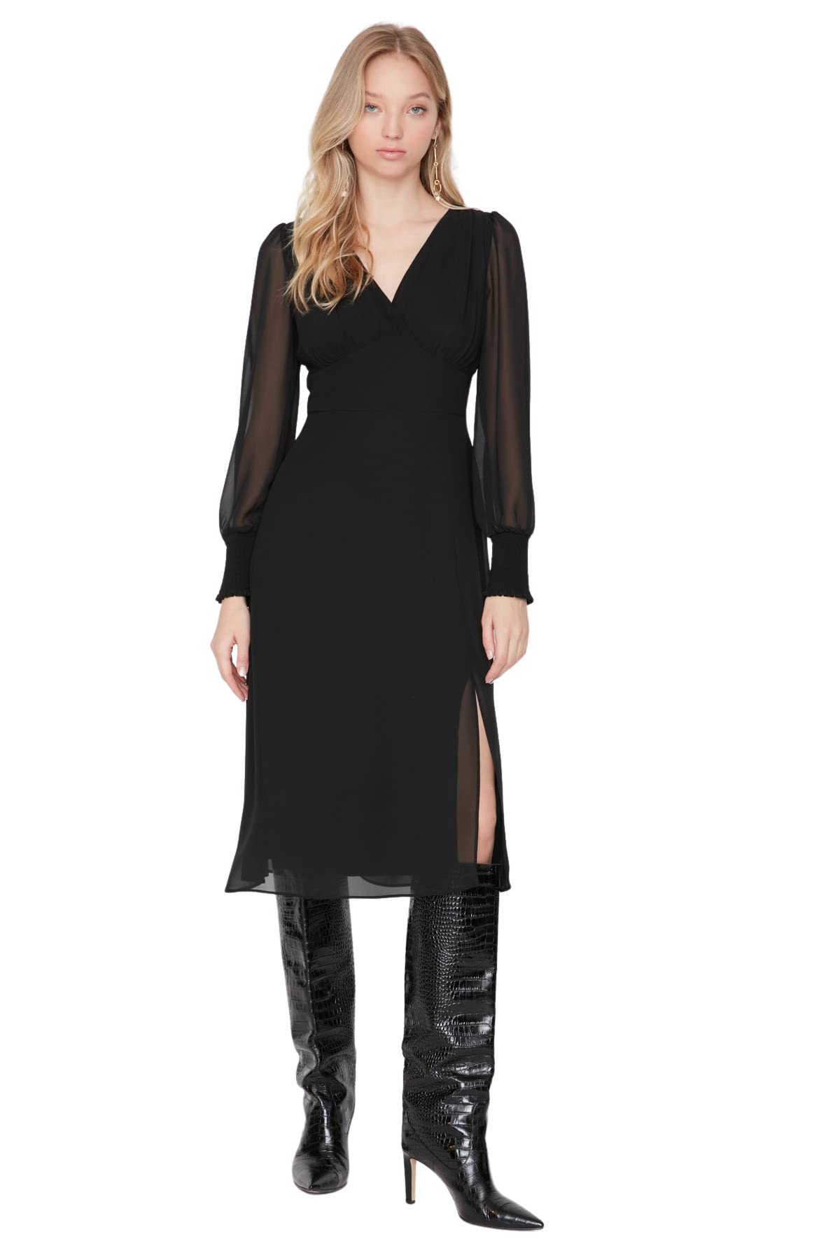 TRENDYOL Vestido de Mujer Midi Acampanado Regular Tejido, Negro/Pura alegría, 38