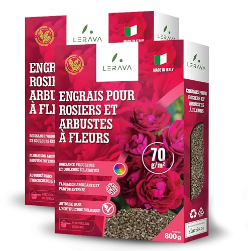 LERAVA® Engrais Rosier et Arbustes à Fleurs organique - 2 x 800g - Favorisant une Croissance Vigoureuse et Couleurs Éclatantes - engrais rosier extérieur avec bouchon - engrais bio 100% Made in Italy