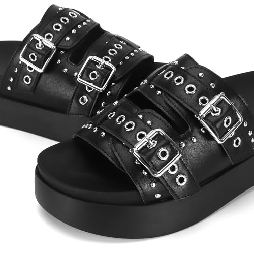 Womens Flat Slide Sandals Double Strap Adjustable Buckle Slip on Slides Shoes Stud Flatform Sandals3