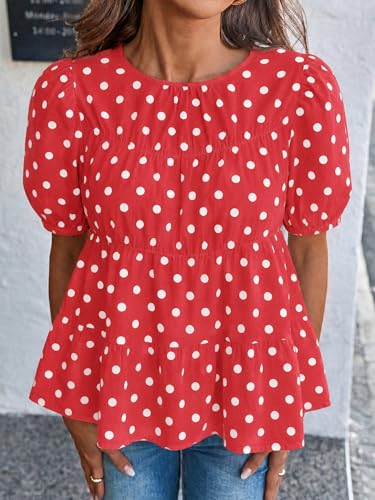 Image of Tankaneo Womens Puff Sleeve Peplum Babydoll Tops Summer Flowy Pleated Cotton T-Shirts Casual Loose Fit Cute Blouse