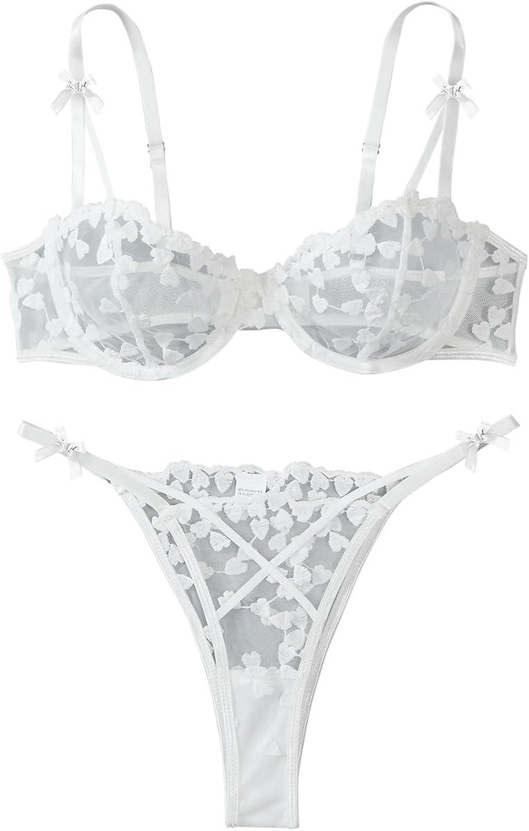 Sexy Lingerie Set 2 Piece Women Push Up Bra and Panty 3XS-5XL | Cute Heart Embroidered Strappy Petite Sheer Mesh Bridal Bachelorette Wedding Underwire Exotic Honeymoon Valentine's Boudoir
