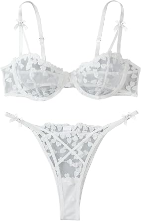 Lilosy Sexy Underwire Cute Push Up Strappy Embroidered Mesh Sheer Lingerie Set See Through Panty Bra