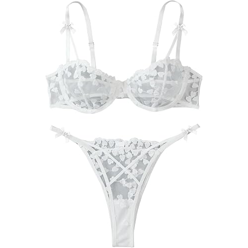 Lilosy Sexy Underwire Cute Push Up Strappy Embroidered Mesh Sheer Lingerie Set See Through Panty Bra
