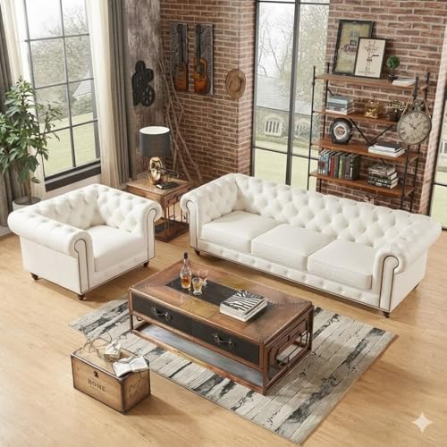 Image of Modern Classic Design Leatherette Luxury Chester Sofa Set with Button Tufted, 3+1=4 Seater Sofa for Living Room Home, Office and Lobby (White, 3+1=4 Seater Sofa)