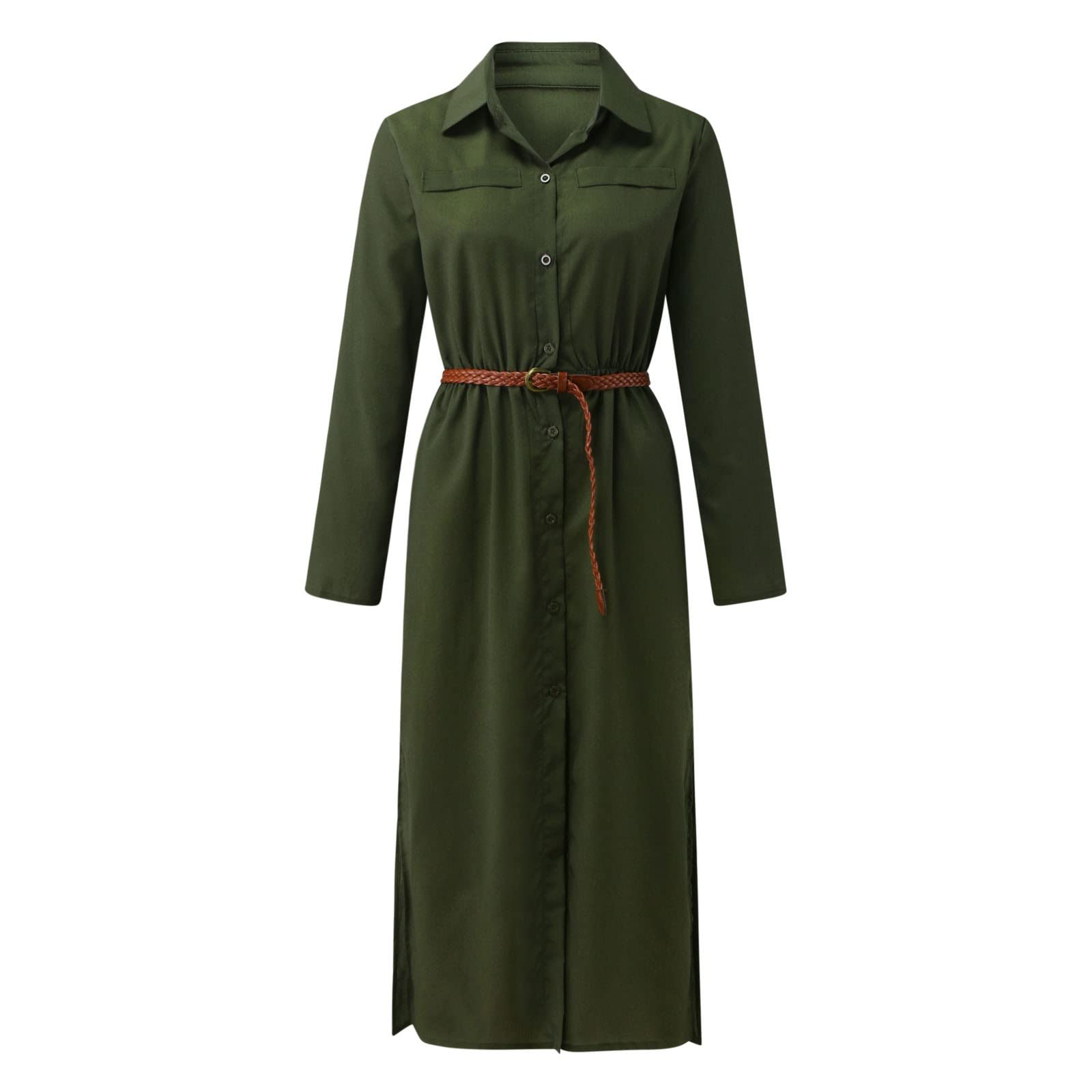 Generico Abito Camicia Donna Estivo - Vestiti Donna Estivi Lunghi con Maniche A Arrotolate Abito A Camicia Tinta Unita Casual Scollo A V Camicia Loose Vestito Denim Maxi Dress