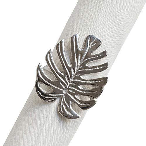 Fennco Styles Palm Tree Monstera Brass Napkin Rings, Set of 4 - Silver Metal Leaf Napkin Holders for Dining Table, Banquets, Family Gathering and Special Occasions