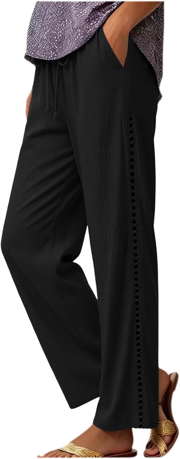 Linen Pants Women Summer Cotton Linen Pant Stretch Palazzo Pant Side Hollow Out Pant Loose Beach Trouser with Pockets