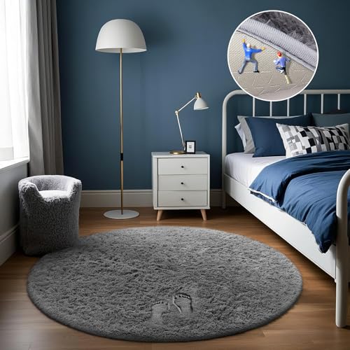 Ophanie Round Rug 4Ft Grey Circle Area Rug, Fluffy Fuzzy