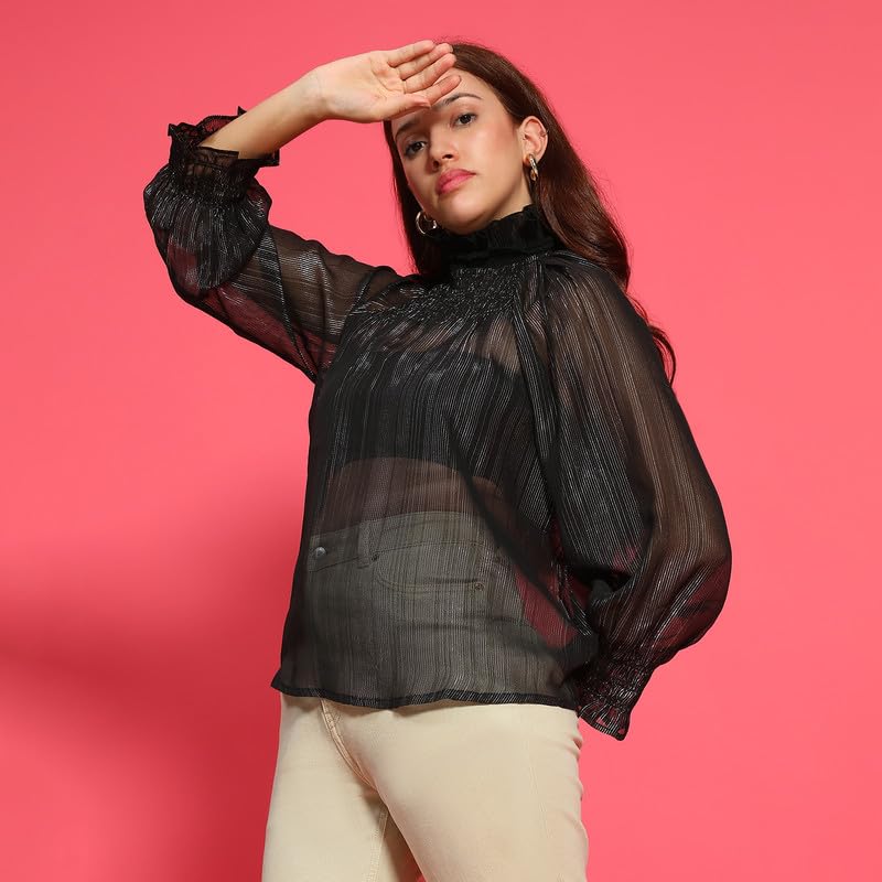 Image of oxolloxo Women Round High Neck Long Sleeve Semi Sheer Top