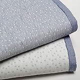 Cubrecama de Piqué en tejido de jacquard. La colcha es reversible, por un lado es blanca con puntitos en azul tejano y por el otro azul tejano con puntitos en blanco.
