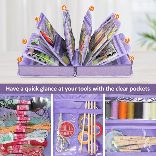 FINPAC Sewing and Craft Supplies Storage Tote, Large Capacity Travel Packing Organizer Bag with Clear Pockets and Handle for Knitting, Crochet, Art, Sewing Accessories(Lavender)