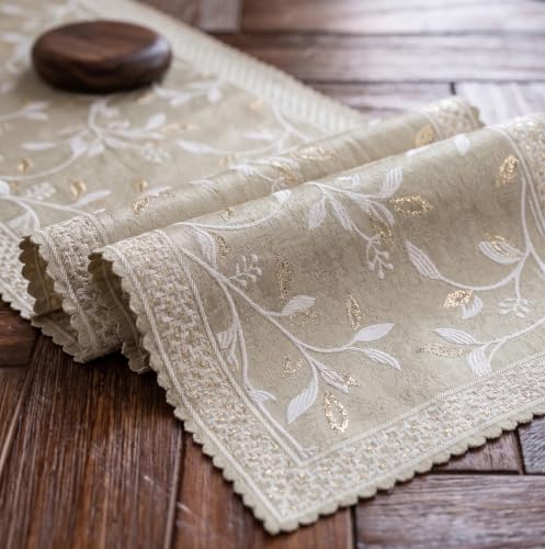 Image of Premium Embroidered Dining Table Runner 6 Seater | Washable Heat Resistant Fabric | Cotton-Silk Blend | Fits 4 & 8 Seater Dining Table | Centre Table Decor | 13 x 72 Inch | Olive-Grey