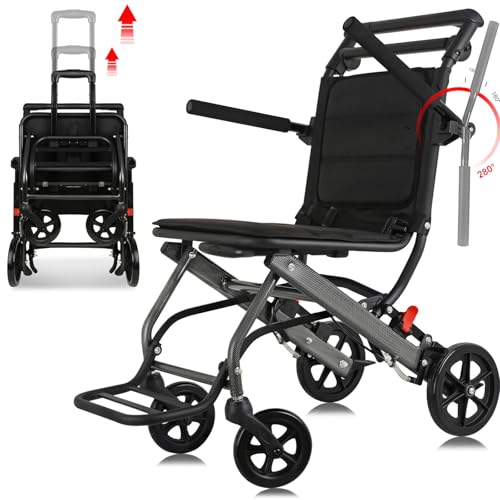 Portable Wheelchair Lightweight Folding, with Telescopic Handle, Lightweight Transport Wheelchair, Only 15lbs, Carry Bag Include
