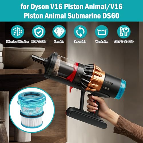 Waschbare Ersatzfilter für Dyson V16 Piston Animal/V16 Piston Animal Submarine DS60 Nass-Trockensauger – Hocheffiziente Filtration, 1 HEPA-Filter, 1 Reinigungsbürste